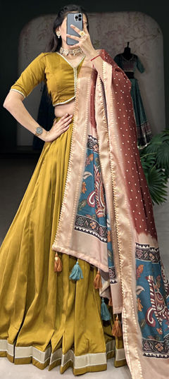 Yellow color Lehenga in Silk fabric with Lace work