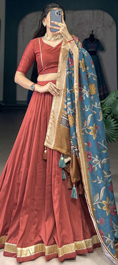 Red and Maroon color Lehenga in Silk fabric with Lace work