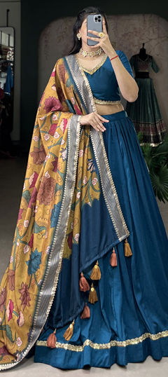 Blue color Lehenga in Silk fabric with Lace work