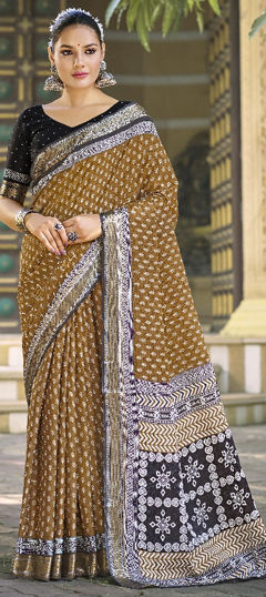 Beige and Brown color Saree in Cotton fabric with Printed work