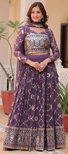 Purple and Violet color Lehenga in Faux Georgette fabric with Embroidered, Sequence, Thread work