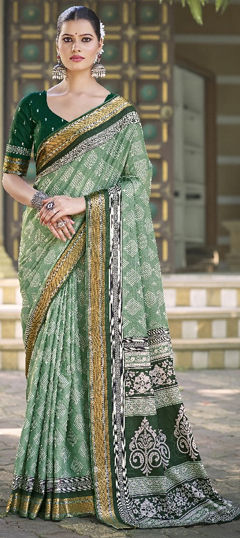 Green color Saree in Cotton fabric with Printed work