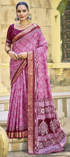 Pink and Majenta color Saree in Cotton fabric with Printed work