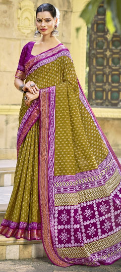 Green color Saree in Cotton fabric with Printed work