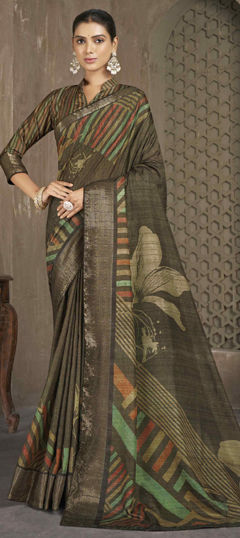 Green color Saree in Cotton fabric with Printed work