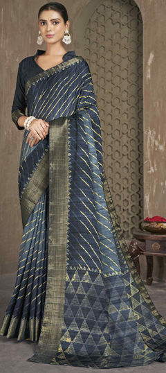 Black and Grey color Saree in Cotton fabric with Printed work