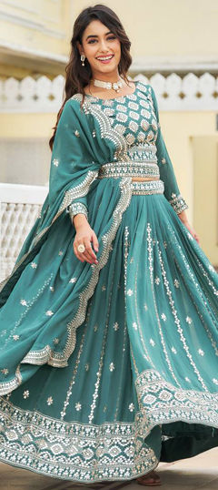 Green color Ready to Wear Lehenga in Faux Georgette fabric with Embroidered, Sequence, Thread work