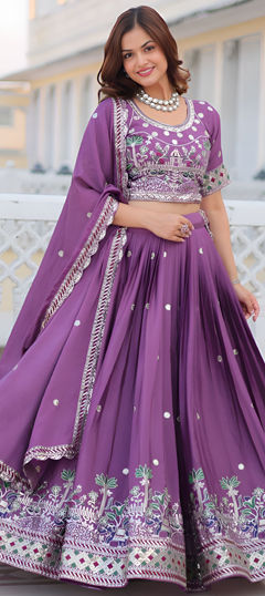 Purple and Violet color Lehenga in Silk fabric with Embroidered, Sequence, Thread work