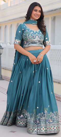 Blue color Lehenga in Silk fabric with Embroidered, Sequence, Thread work