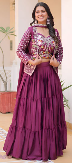 Purple and Violet color Ready to Wear Lehenga in Silk fabric with Embroidered, Sequence, Thread work