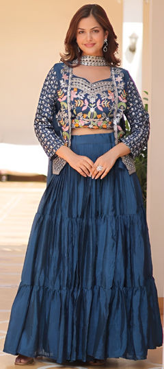 Blue color Ready to Wear Lehenga in Silk fabric with Embroidered, Sequence, Thread work