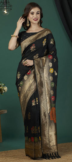 Black and Grey color Saree in Banarasi Silk fabric with Weaving, Zari work