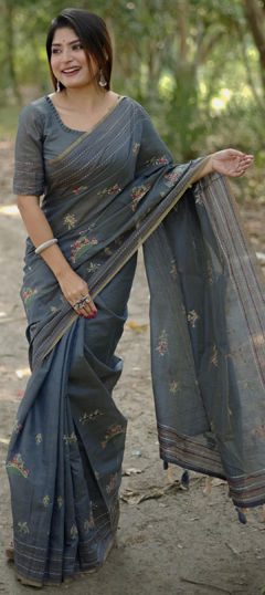 Black and Grey color Saree in Tussar Silk fabric with Embroidered, Thread work