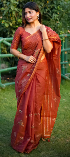 Orange color Saree in Tussar Silk fabric with Embroidered, Thread work