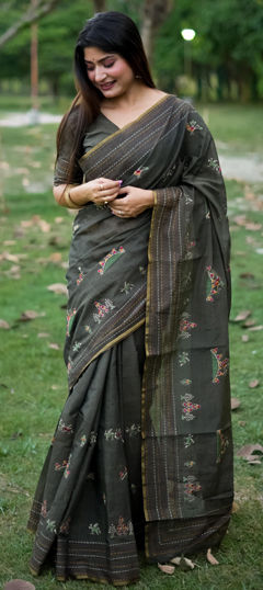 Green color Saree in Tussar Silk fabric with Embroidered, Thread work