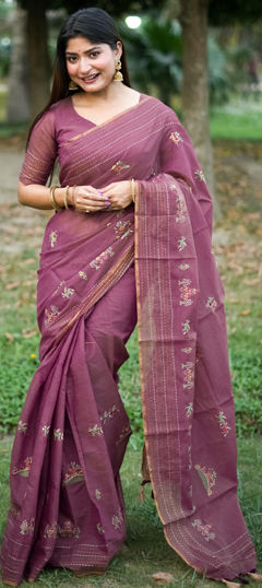 Purple and Violet color Saree in Tussar Silk fabric with Embroidered, Thread work