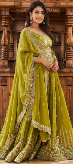 Green color Ready to Wear Lehenga in Faux Georgette fabric with Embroidered, Sequence, Thread work