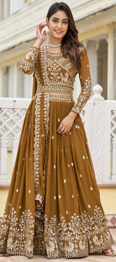 Yellow color Ready to Wear Lehenga in Faux Georgette fabric with Embroidered, Sequence, Thread work