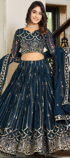 Blue color Ready to Wear Lehenga in Faux Georgette fabric with Embroidered, Sequence, Thread work