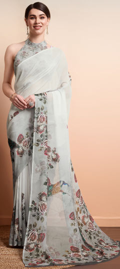 Black and Grey color Readymade Saree in Georgette fabric with Floral, Printed work