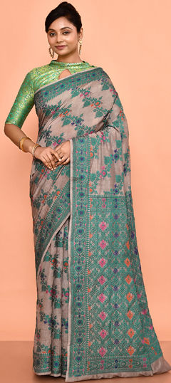 Black and Grey color Saree in Silk fabric with Thread, Weaving work