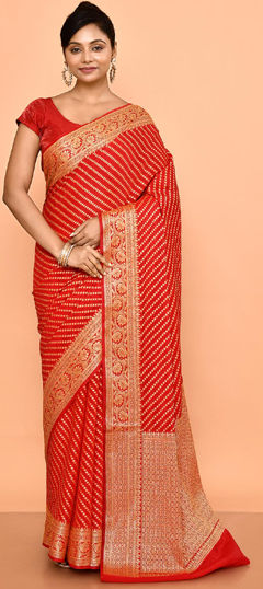 Red and Maroon color Saree in Silk fabric with Thread, Weaving work