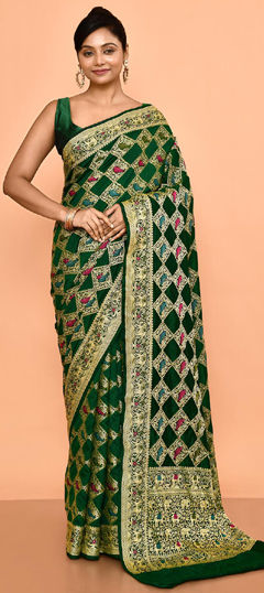 Green color Saree in Silk fabric with Thread, Weaving work