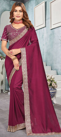 Purple and Violet color Saree in Silk fabric with Embroidered, Thread, Zari work