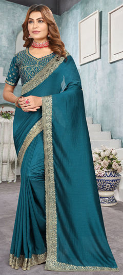 Blue color Saree in Silk fabric with Embroidered, Thread, Zari work