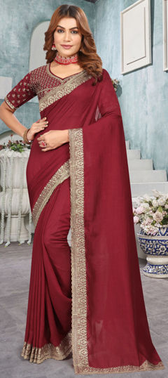 Red and Maroon color Saree in Silk fabric with Embroidered, Thread, Zari work