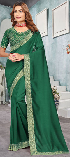 Green color Saree in Silk fabric with Embroidered, Thread, Zari work