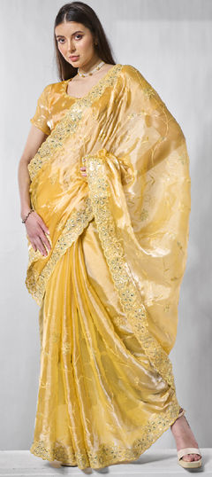 Yellow color Saree in Silk fabric with Embroidered, Thread work