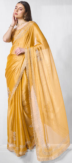 Yellow color Saree in Silk fabric with Stone, Swarovski work