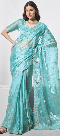 Blue color Saree in Silk fabric with Embroidered, Thread work