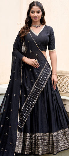 Black and Grey color Lehenga in Chanderi Silk fabric with Sequence, Thread, Zari work