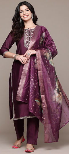 Purple and Violet color Salwar Kameez in Muslin fabric with Embroidered, Resham, Sequence, Thread work