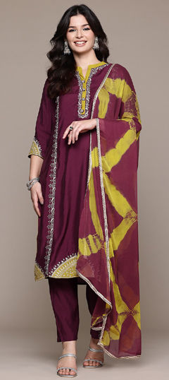 Red and Maroon color Salwar Kameez in Muslin fabric with Embroidered, Thread, Zari work