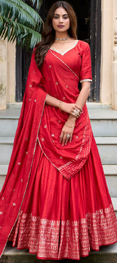 Red and Maroon color Lehenga in Chanderi Silk fabric with Sequence, Thread, Zari work