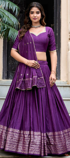 Purple and Violet color Lehenga in Chanderi Silk fabric with Sequence, Thread, Zari work