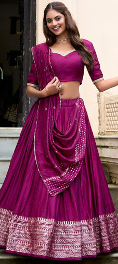 Pink and Majenta color Lehenga in Chanderi Silk fabric with Sequence, Thread, Zari work