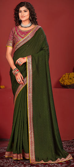 Green color Saree in Silk fabric with Border, Embroidered, Stone, Thread work