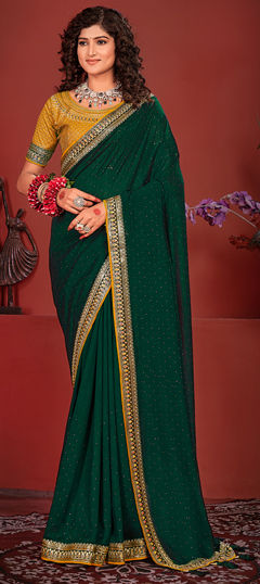 Green color Saree in Silk fabric with Border, Embroidered, Stone, Thread work