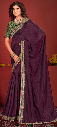 Purple and Violet color Saree in Silk fabric with Border, Embroidered, Stone, Thread work