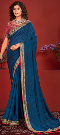 Blue color Saree in Silk fabric with Border, Embroidered, Stone, Thread work