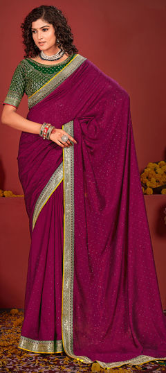 Pink and Majenta color Saree in Silk fabric with Border, Embroidered, Stone, Thread work