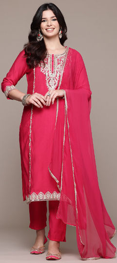 Pink and Majenta color Salwar Kameez in Viscose fabric with Embroidered, Sequence, Thread, Zari work