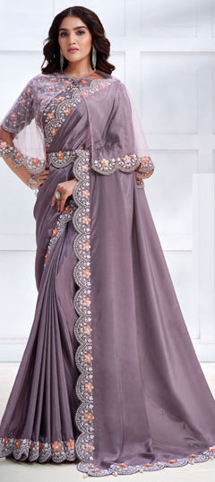 Purple and Violet color Saree in Satin Silk fabric with Embroidered, Sequence, Stone, Thread work