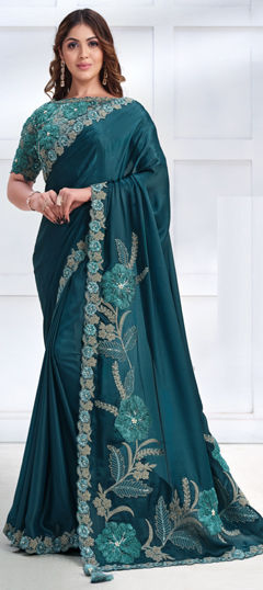 Blue color Saree in Satin Silk fabric with Appliques, Embroidered, Sequence, Stone, Thread work