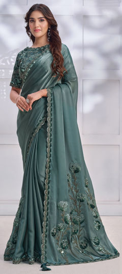 Green color Saree in Satin Silk fabric with Embroidered, Sequence, Stone, Thread work