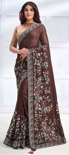 Beige and Brown color Saree in Georgette fabric with Embroidered, Sequence, Stone, Thread work